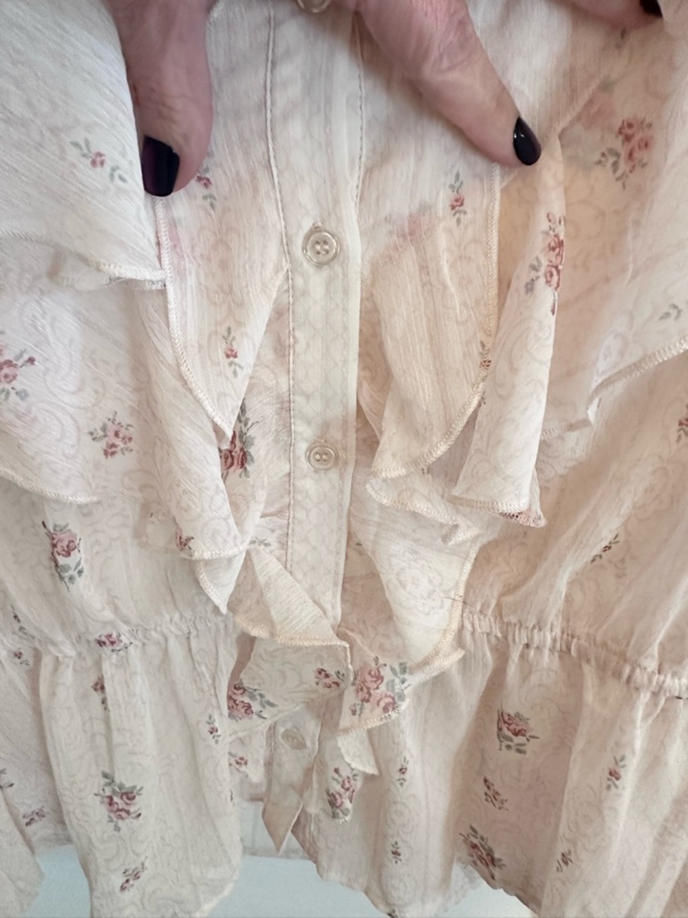 TRIXXI L Greta Pale Pink ditzy floral ruffled chest & sleeve sheer button blouse - Picture 5 of 14
